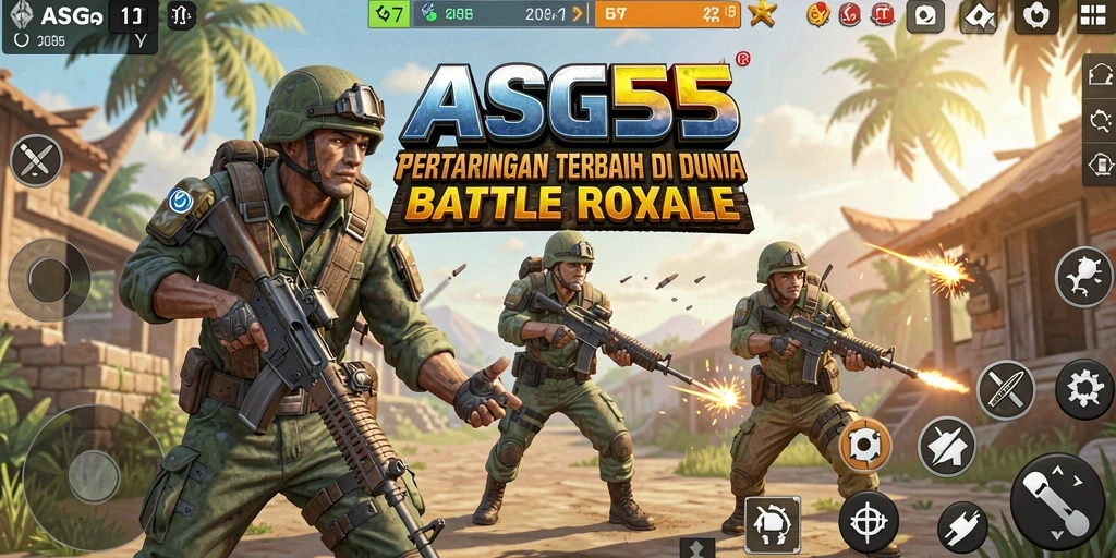 Gameplay seru dalam ASG55 dengan pertempuran Battle Royale yang mendebarkan.
