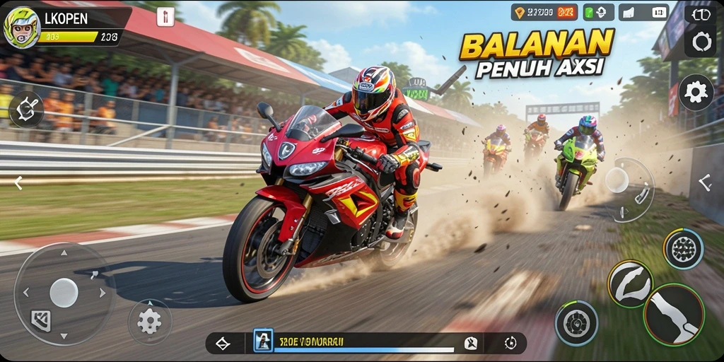 Tampilan gameplay LKOPEN yang seru dan menegangkan dalam balapan motor.