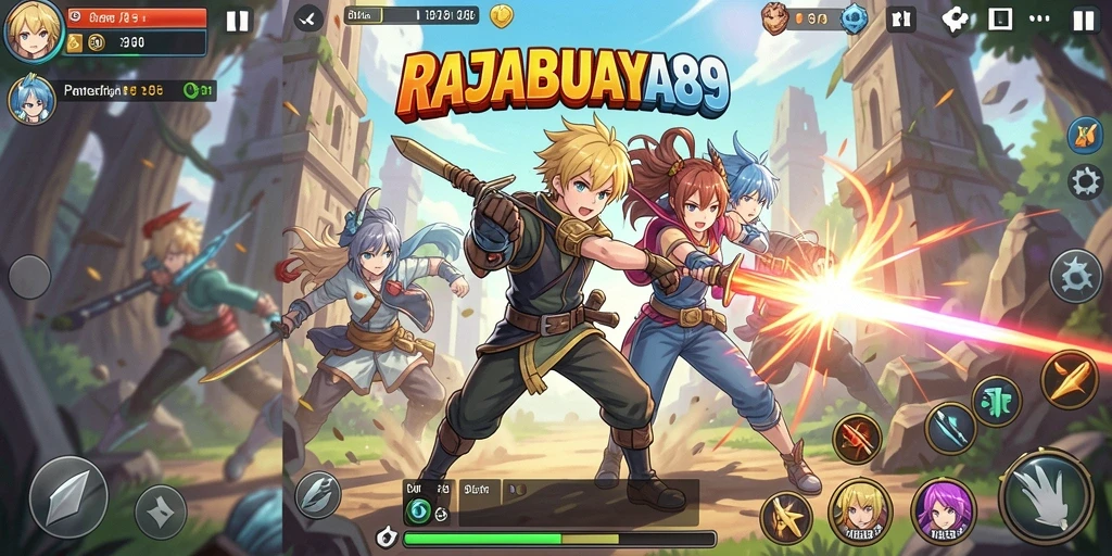 Screenshot RAJABUAYA89 menampilkan karakter anime dalam pertarungan yang seru.
