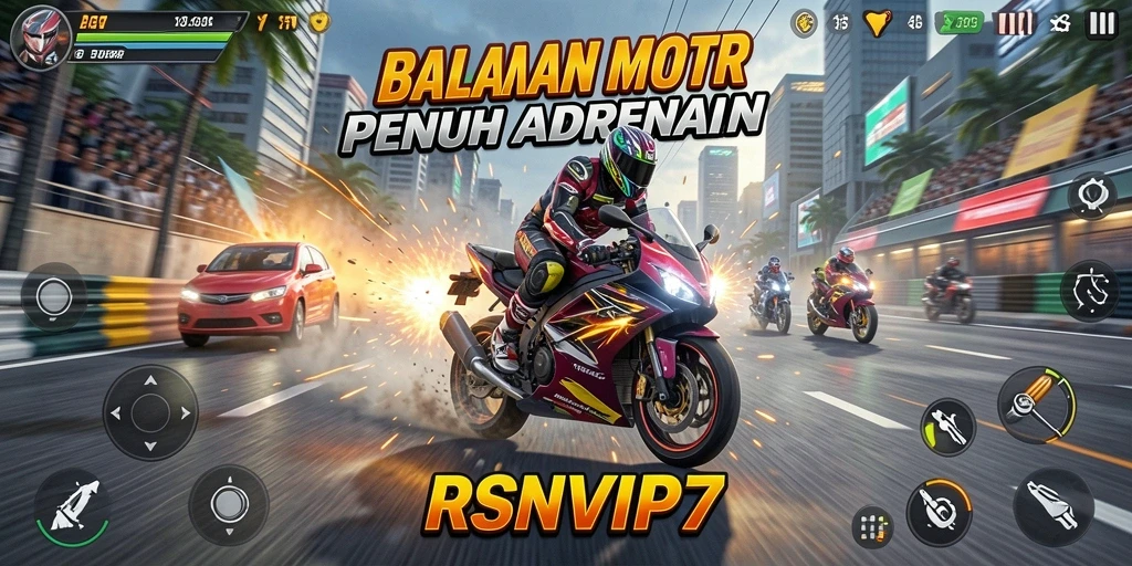 Screenshot gameplay RSNVIP7 menampilkan balapan motor yang intens dan menegangkan.