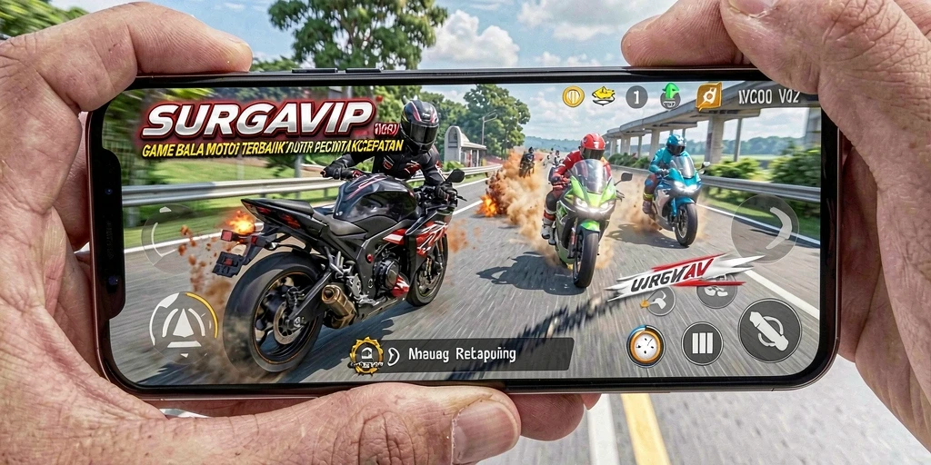 Tangkapan layar menunjukkan balapan seru di SURGAVIP dengan grafis menawan.