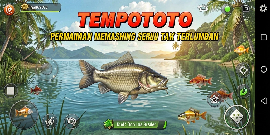 Screenshot gameplay TEMPOTOTO yang menunjukkan aksi memancing seru.